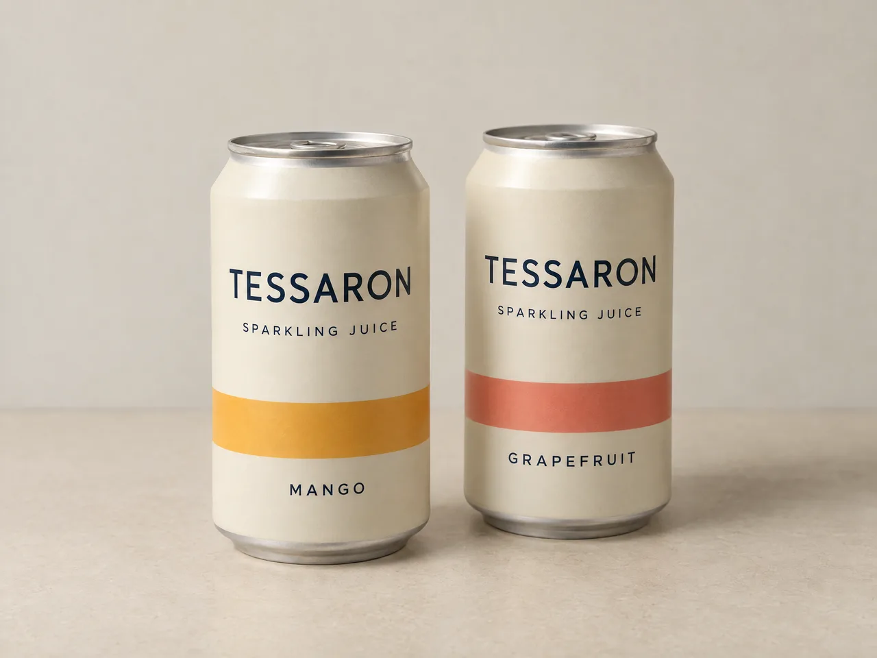 Illustrative Tessaron sparkling juice cans on a neutral studio background